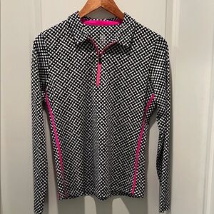 Black & White Polka Dot Long Sleeve Quarter-Zip Top with Pink Trim